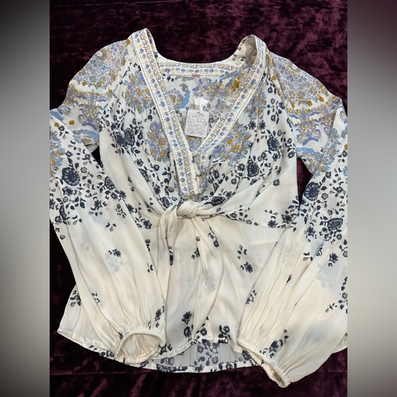 Free People Tops - NWT Free People Satin Floral Button Puff Sleeve Peasant Top